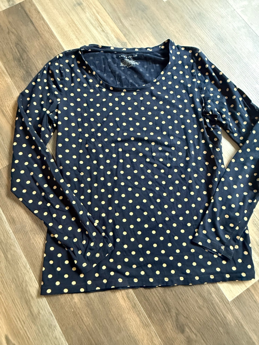 Ann Taylor Navy Polka Dot Long Sleeve Top - Yellow Dots cotton blend size small